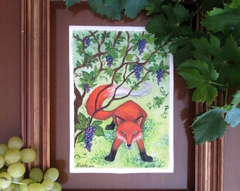 La Volpe e L'Uva - Illustrazione - Favole di Esopo - Dipinto Originale Olio su Tela con Cornice