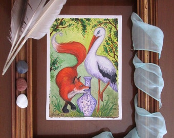 La Volpe e la Cicogna - Illustrazione - Favole di Esopo - Dipinto Originale Olio su Tela - Con Cornice