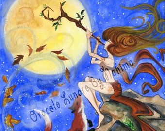 Autunno - Luna - Donna che suona - Volpi - Stampa da Acquerello Originale