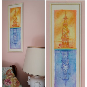 La Torre - Ispirato agli Arcani dei Tarocchi - Acquerello Originale su carta - 20 x 75 cm - Incorniciato