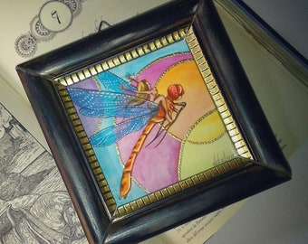 Fata sulla Libellula - Fantasy Miniatura - Dipinto Originale - Acquerello - Piccolo Popolo
