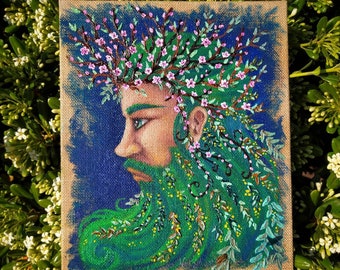 Spring King - Re di Maggio - Green Man - Dipinto ad olio su juta naturale  - Dipinto Originale