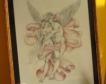 Eros and Psychè - Love and Psyche - Greek Myth - Original Work - Drawing - Framed Painting