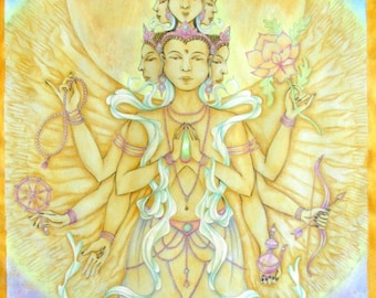 Avalokitesvara - Thangka - Buddha - Bodhisattva -Stampa da Acquerello Originale