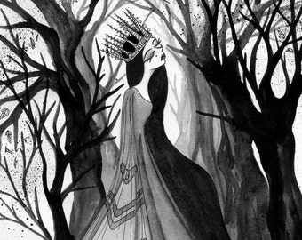 Queen Moth - Autumn - Fairytale - Black and White Watercolor - Print from an Original Painting