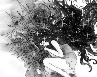 Dreaming of Infinity - Dream - Illustration - Black and White Watercolor - Print from Original Painting