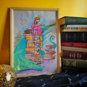 La Principessa e il Drago - Illustrazione Fantasy - Acquerello su carta - Dipinto Originale