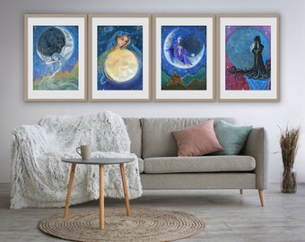 Collezione 4 Lune - Fasi Lunari Set - Dea della Luna - Luna Crescente - Luna Piena - Luna Calante - Luna Nuova - 4 Stampe Acquerelli