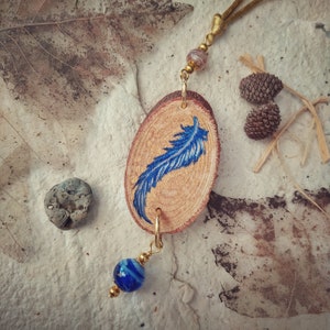 Pendant in Natural Wood - Hand Painted - Blue Feather