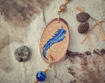 Pendant in Natural Wood - Hand Painted - Blue Feather