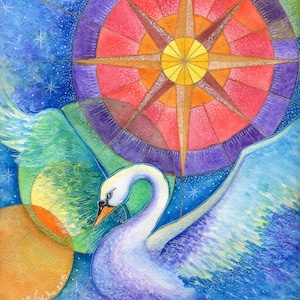 Il Tredicesimo Arcano - Cigno - Rosa dei Venti - Arcobaleno - Galassie -  Stampa da Acquerello Originale