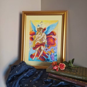 Eros e Psychè - Amore e Psiche - Mito Greco - Acquerello Originale - Dipinto con Cornice