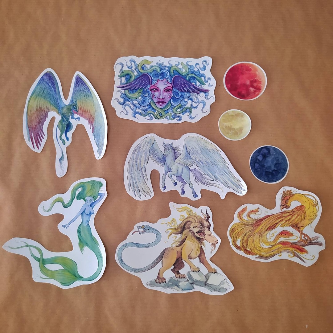 Set of 9 Stickers Mythological Creatures Watercolor - Etsy