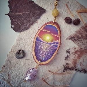 Natural Wood Pendant - Hand Painted - Sunset on the Sea