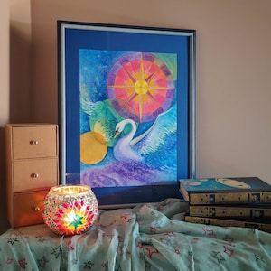 Il tredicesimo arcano - Cigno - Rosa dei venti - Universo - Acquerello - Dipinto originale
