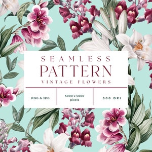Vintage Flower Seamless Pattern, Floral Pattern, Fabric Pattern, Digital scrapbook paper, Repeating Pattern, Commercial Use License PAT004