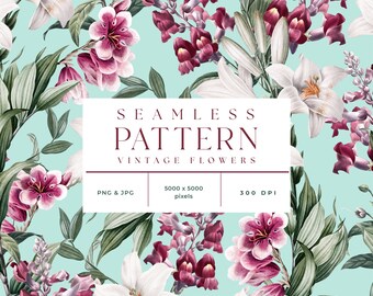 Sömlöst mönster med vintageblommor, blommönster, tygmönster, digitalt scrapbookpapper, upprepande mönster, kommersiell användningslicens PAT004