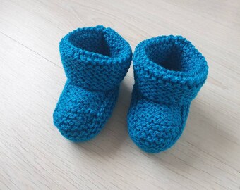 Hand knitted baby booties in petrol blue newborn