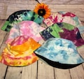 EDM Rave, Festival, College Custom Cotton Bucket Hat in light Pink\/blue, hot pink multi, purple\/green, baby blue\/green, & blue\/green tie-dye