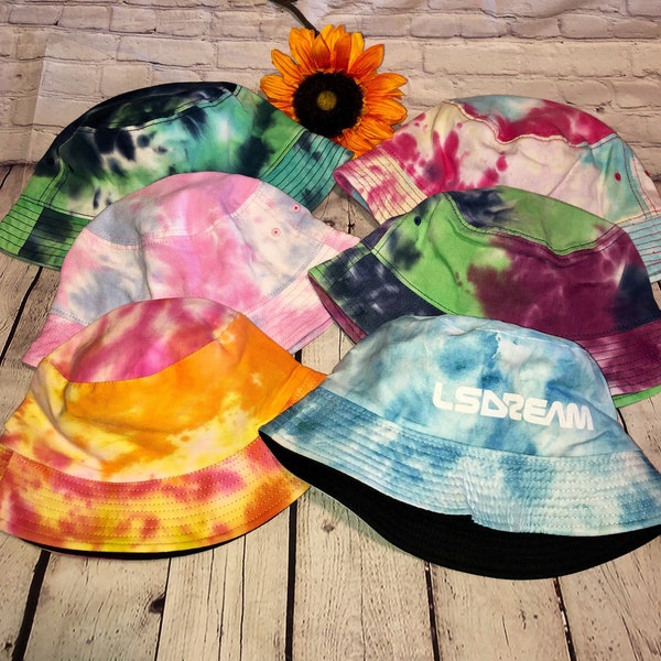 EDM Rave, Festival, College Custom Cotton Bucket Hat in light Pink/blue, hot pink multi, purple/green, baby blue/green, & blue/green tie-dye