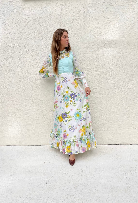 1960s Vintage Handmade Floral Maxi Ruffle Sheer Butto… - Gem