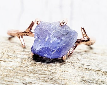 Raw Tanzanite & 14k Rose Gold Plated Twig Ring ~ Boho, Rustic December Birthstone ~ Available in Sterling Silver  and 14k Gold Plate