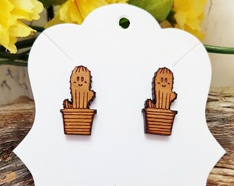 Cute Wooden Cactus Stud Earrings ~ Handmade Stocking Stuffers, Teacher Gifts ~ Minimalist Succulent Earrings, Southwest Studs