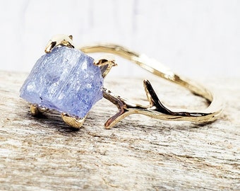 Tanzanite Twig Ring ~ Raw Tanzanite & 14k Gold Plated Branch Ring ~ Boho, Rustic December Birthstone ~ Also in Sterling  and 14k Rose Gold