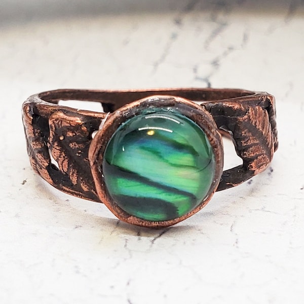 Paua Shell Ring ~ Adjustable Antique Copper Ring with Intricate Leaf Detail ~ Simple Promise Ring for the Nature Lover, Boho, Rustic Style