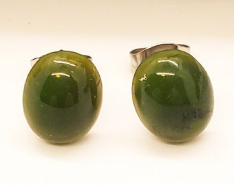 Canadian Dark Green Jade Oval Stud Earrings ~ High Quality BC Jade Studs ~ 8x10mm ~ Hypoallergenic Stainless Steel Posts ~ Nephrite Jade
