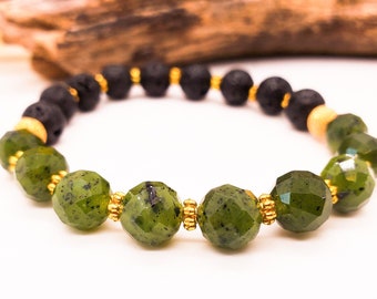 Jade Bracelet ~ Canadian Jade Stretch Bracelet ~ Handmade Beaded Gemstone Chakra Bracelet ~ Nephrite Jade & Lava Bead Prosperity Bracelet