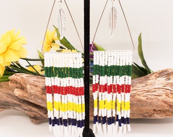 Hudson Bay Blanket Seed Bead Earrings ~ Native American/Cottagecore Handmade Gift For Her ~ Vintage Canadiana in Clip On, Dangle or Studs