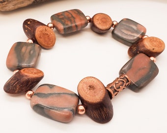 Matching Bracelets ~ Everyday Earth Inspired Copper, Stone & Wooden Stretch Bracelets ~ Reddish Brown Unisex Earthtone Bracelet