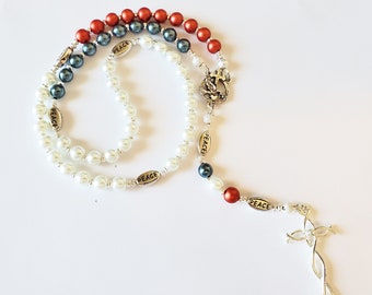 Red, White and Blue Crystal Pearl American Catholic Rosary ~ Pray for Peace ~ Small Pocket or Rear View Mirror Rosary ~ Peace & Unity