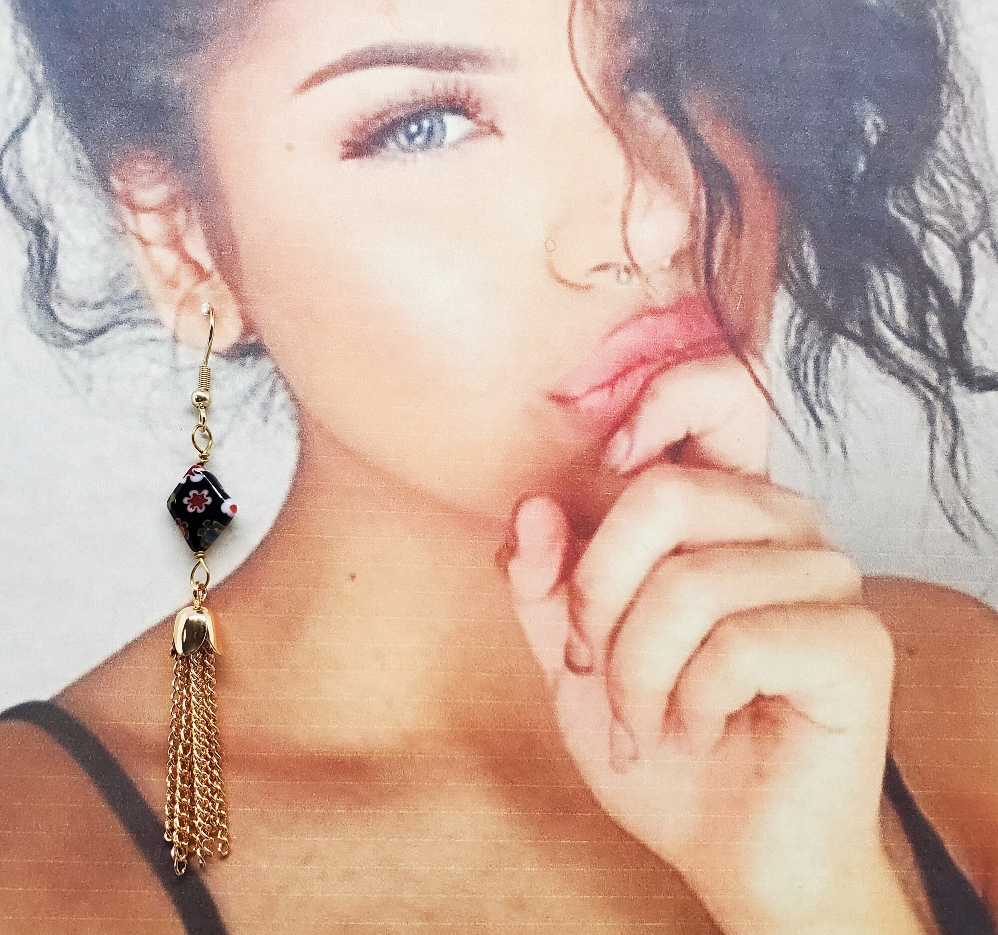 Elegant Black and Gold Floral Tassel Earrings Handmade Gold Plated Filigree Mexican Earrings With Silk  main image 4
