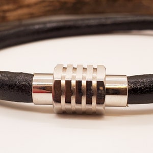 Black Italian Leather Bracelet for Men: Stainless Steel Magnetic Clasp