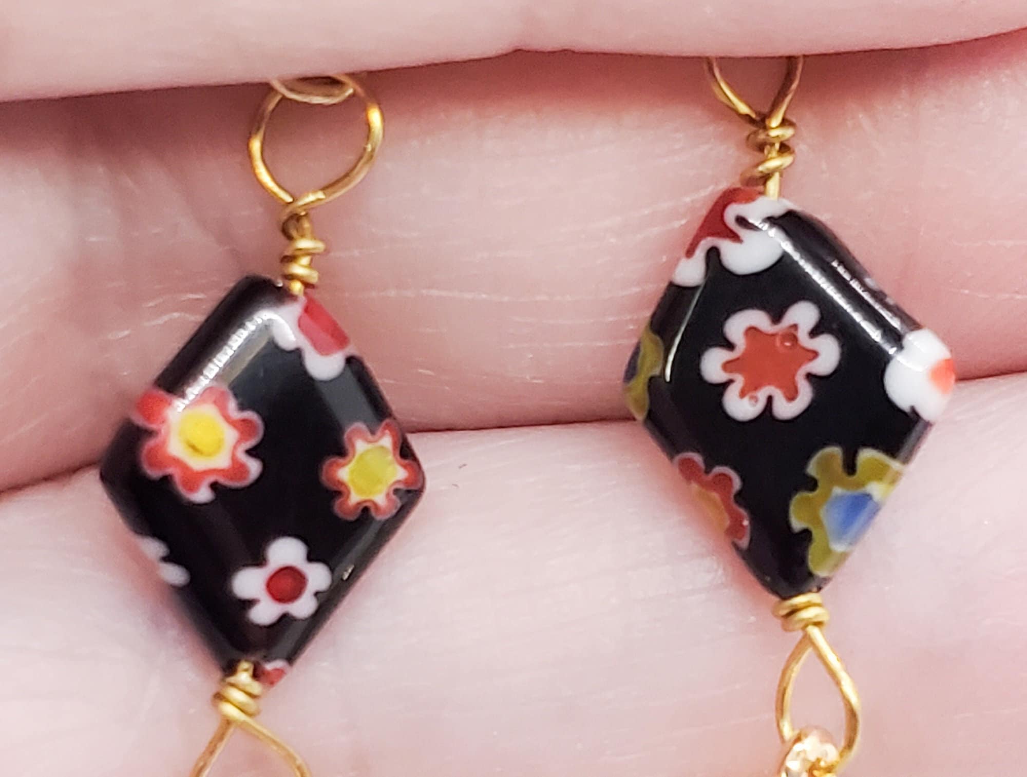 Gold Chain Tassel Earrings: Black Floral Millefiori Beads  display picture 2