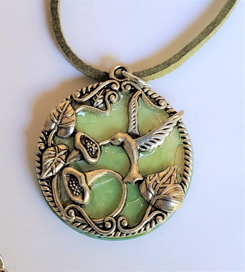 Hummingbird Necklace Pewter Hummingbird on an Apple Green Mother of Pearl Background 18 Inch Sage Green Suede Necklace Joy, Healing image 1
