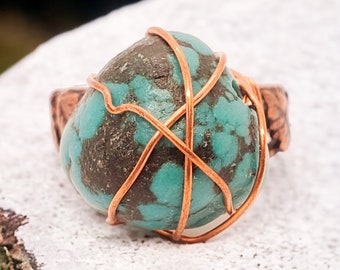 Large Turquoise Ring ~ Handmade Ajustable Ring ~ Copper Wire Wrapped Jewelry ~ Chunky Turquoise Stone ~ Birthstone Ring