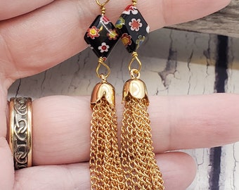 Gold Chain Tassel Earrings ~ "Kookum Scarf" Black Floral Millifiori Trapazoid Beads with Gold Chain Fringe ~ 2.5 Inches Long ~ Boho Chic