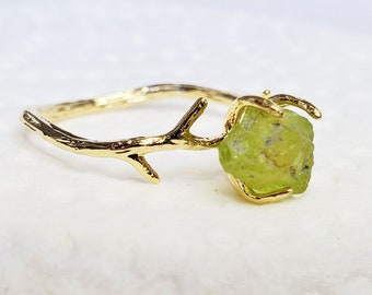 Raw Peridot 14k Gold Plated Twig Ring ~ August Birthstone, Nature Ring ~ Dainty, Minimalist Engagement or Promise Ring