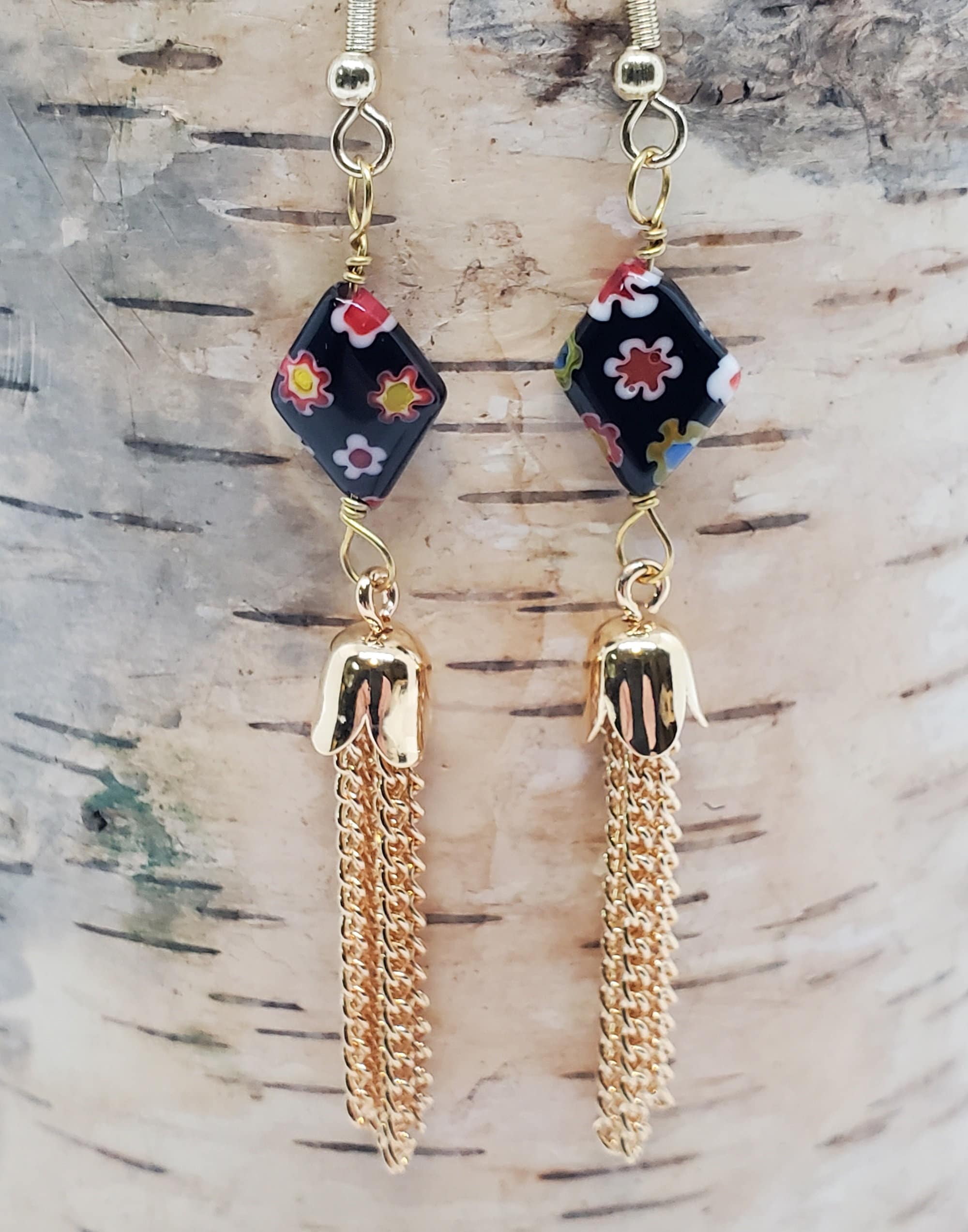 Gold Chain Tassel Earrings: Black Floral Millefiori Beads  display picture 1
