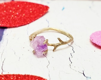 Raw Amethyst 14k Gold Plated Engagement Ring ~  Twig Ring, Promise Ring, February Birthday, Valentines, Mothers Day Gift