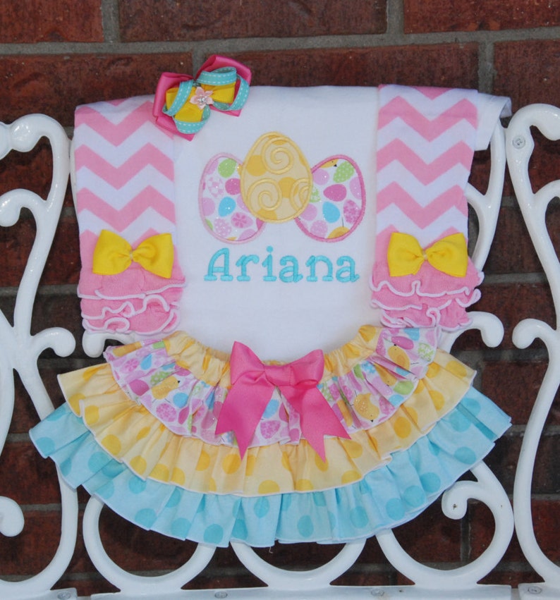 4 pc Personalized Easter bodysuit or shirt with deluxe ruffle skirt Girls Easter Outfit chevron leg warmers and hair bow!