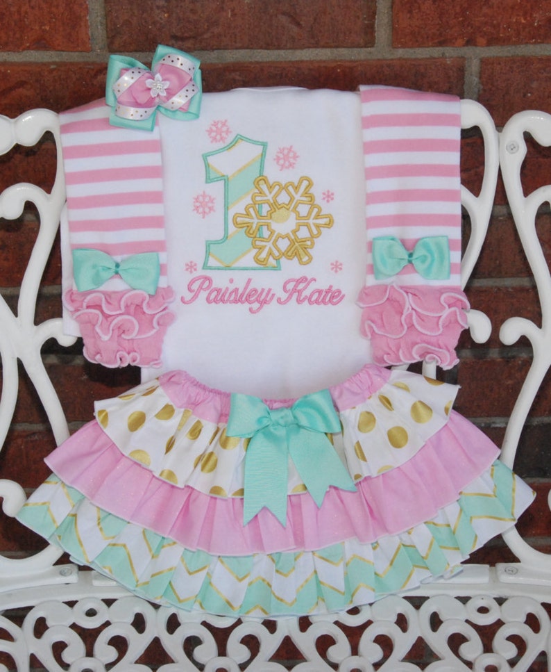 and hair bow pink stripe leg warmers Winter ONEderland--Baby Girl First Birthday Outfit in mint Snowflake applique top pink and gold