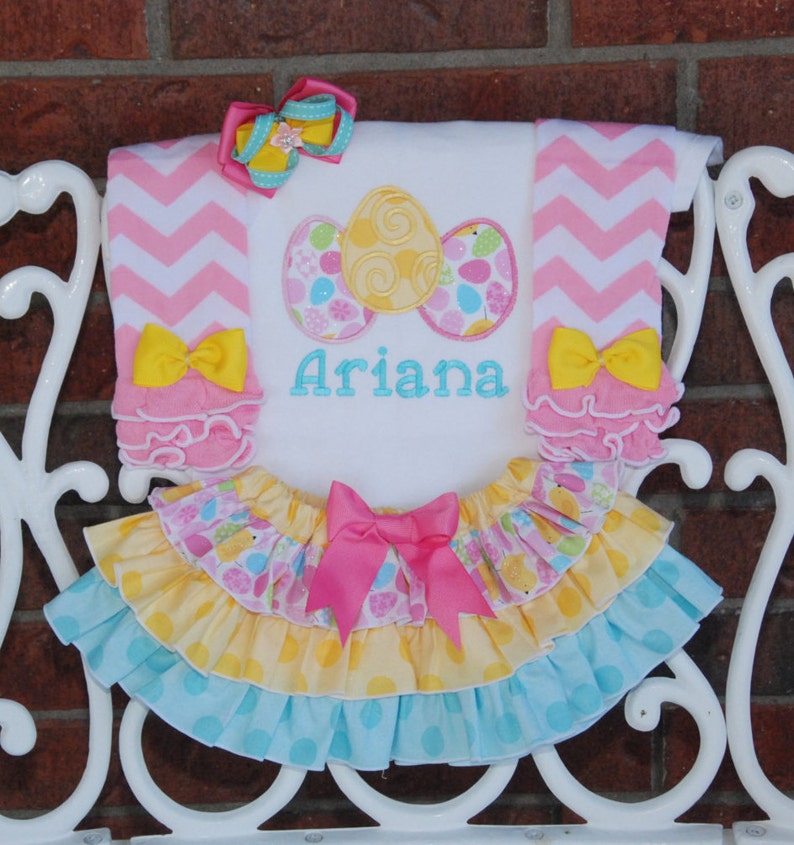 4 pc Personalized Easter bodysuit or shirt with deluxe ruffle skirt Girls Easter Outfit chevron leg warmers and hair bow!