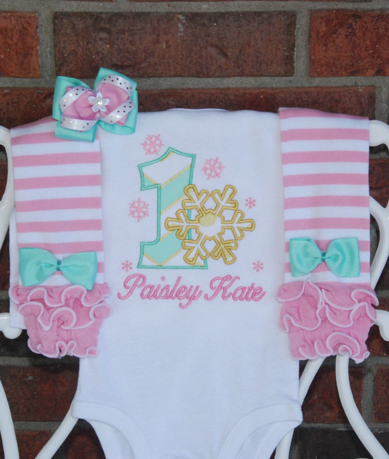 and hair bow pink stripe leg warmers Winter ONEderland--Baby Girl First Birthday Outfit in mint Snowflake applique top pink and gold