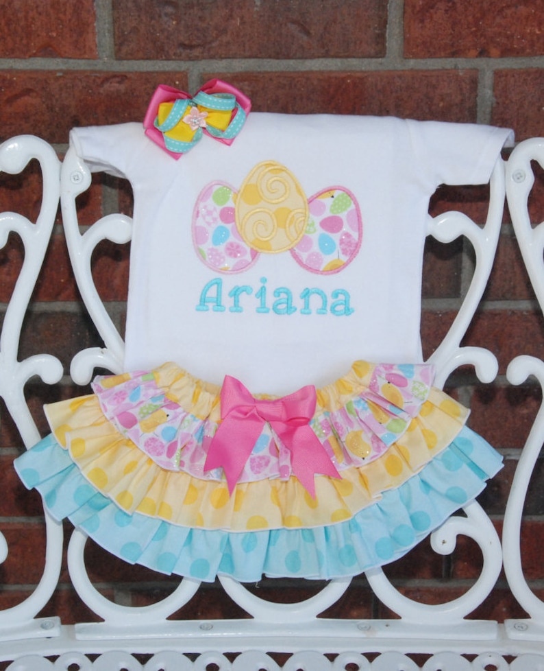 4 pc Personalized Easter bodysuit or shirt with deluxe ruffle skirt Girls Easter Outfit chevron leg warmers and hair bow!