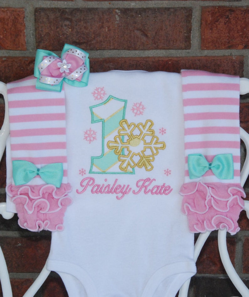 and hair bow pink stripe leg warmers Winter ONEderland--Baby Girl First Birthday Outfit in mint Snowflake applique top pink and gold