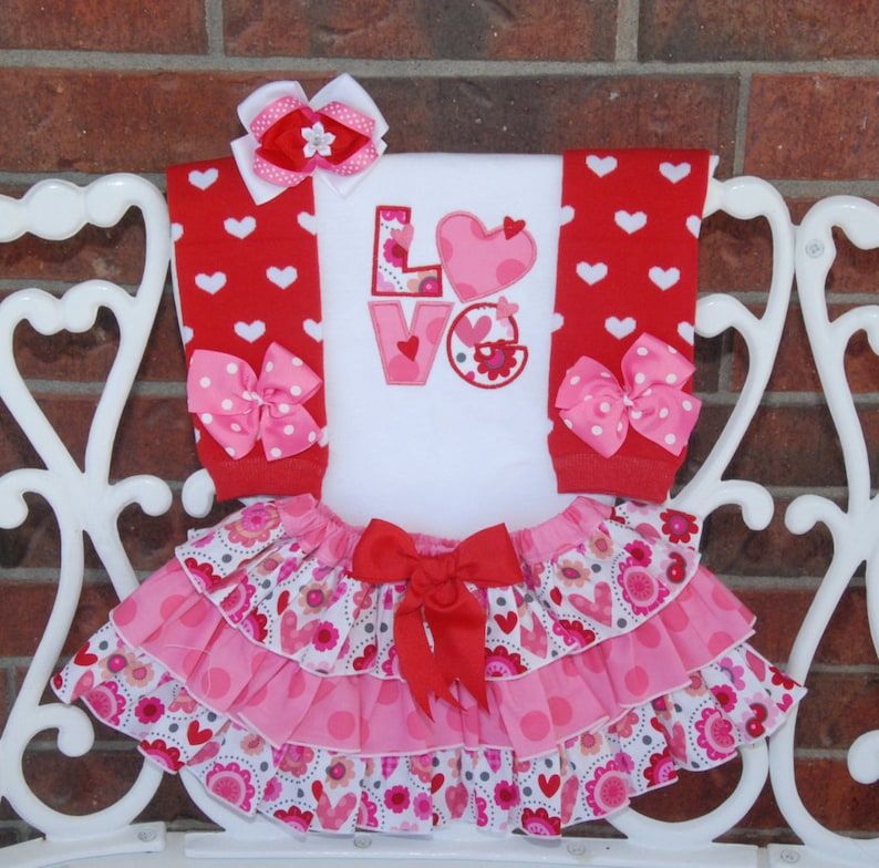 leg warmers and hair bow 4 pc Baby Girl Valentine/'s Day Outfit BabyToddler Valentine/'s LOVE outfit with floral and polka dot ruffle skirt